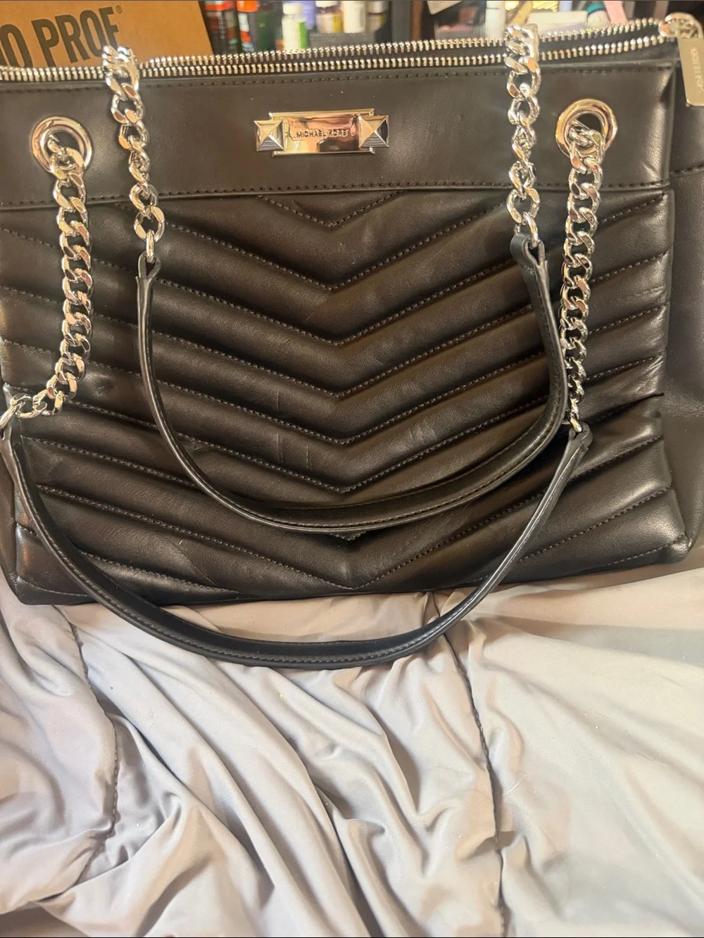 Michael Kors Whitney Medium Black Quilted Chain Tote Silver Hardware
